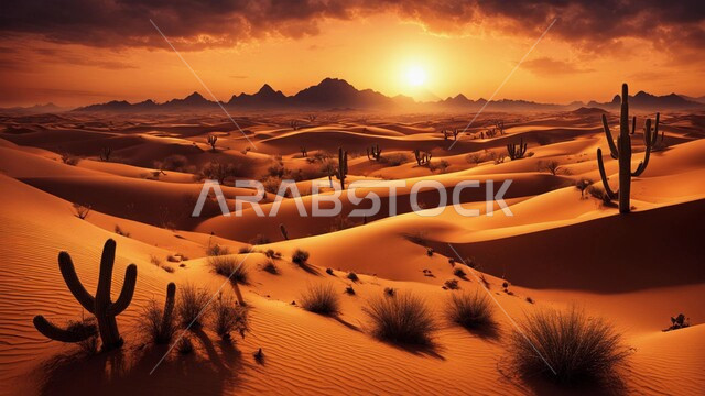 الكثبان الرملية والرمال الذهبية الناعمة في مناطق الطبيعية الصحراوية، التكوينات والتشكيلات الرملية في صحراء المملكة العربية السعودية، منظر غروب الشمس وسط الصحاري، خلفية الطبيعه