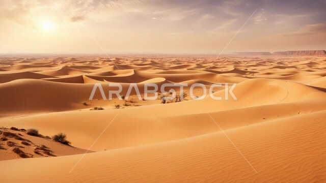  مناطق البادية والبيئة الطبيعية الصحراوية في وقت النهار, المرتفعات و التضاريس والقمم الجبلية في البراري، الهضاب و التلال من الرمال الناعمة الذهبية، التشكلات و التكوينات الرملية في صحراء المملكة العربية السعودية, خلفية الطبيعة