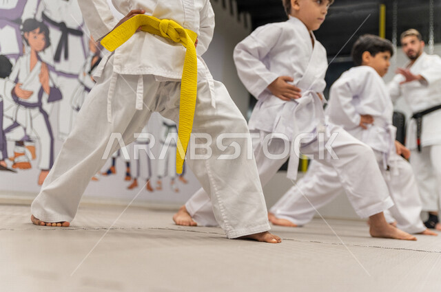 صورة مقربة لمجموعة من الفتيان العرب الخليجيين السعوديين يقومون بالتدرب على حركات قتالية خاصة برياضة الكارتيه اليابانية  من قبل المدرب الخاص ، التدرب على فنون الدفاع عن النفس ، رياضة دفاعية تتميز بالأخلاق العالية للاعبين