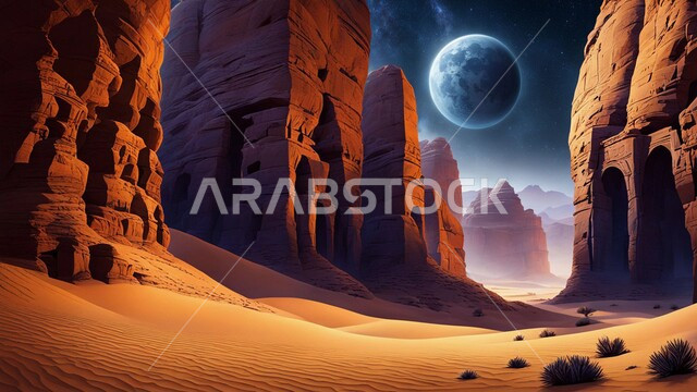 التضاريس والبيئة الصحراوية في الصحراء العربية، منظر القمر المضيء في سماء السعوديه, الكثبان الرملية الذهبية، جبال ومرتفعات المملكة العربية السعودية في وضع الليل، خلفية الطبيعة