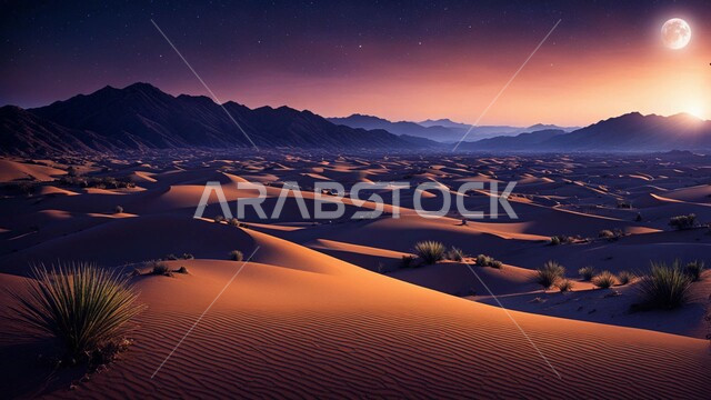 Desert terrain and environment in the Arabian Desert, view of the bright moon in the Saudi sky, golden sand dunes, mountains and highlands of Saudi Arabia at night, nature background