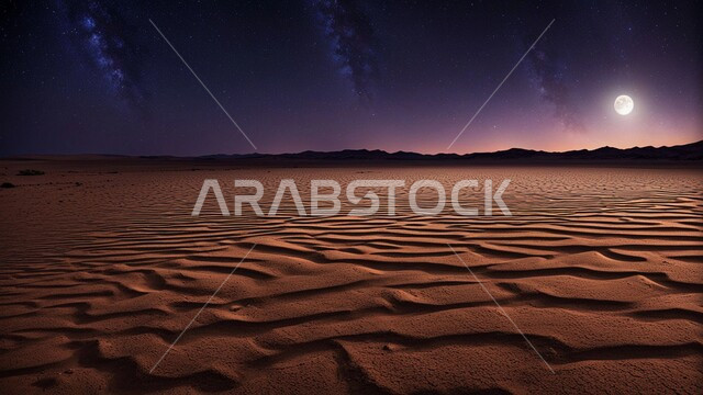 التضاريس والبيئة الصحراوية في الصحراء العربية، منظر القمر المضيء في سماء السعوديه, الكثبان الرملية الذهبية، جبال ومرتفعات المملكة العربية السعودية في وضع الليل، خلفية الطبيعة