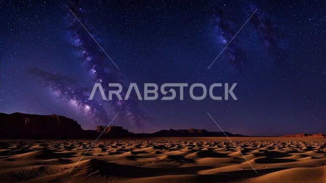 جبال ومرتفعات المملكة العربية السعودية في وضع الليل، التضاريس والبيئة الصحراوية في الصحراء العربية، منظر النجوم اللامعة في سماء السعوديه, الكثبان الرملية الذهبية، خلفية الطبيعة