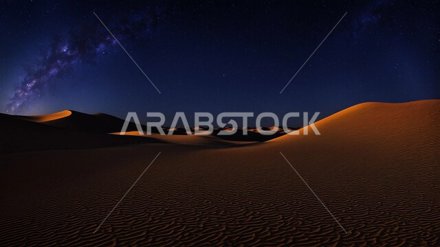 Mountains and highlands of Saudi Arabia at night, desert terrain and environment in the Arabian Desert, view of bright stars in the Saudi sky, golden sand dunes, nature background