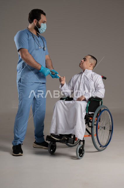Providing health services, caring for patients with disabilities, concept of medicine and health care, portrait of a nurse in uniform providing treatment to a disabled Gulf Arab Omani boy with Down syndrome wearing a dishdasha, full body image, gray background