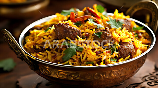فنون تقديم الطعام في مطاعم المأكولات التقليدية الشرقية، طبق من أرز الكبسة اللذيذ مع قطع لحم الضأن المزين بالخضار، وصفات وأطباق طعام لذيذة صحية، أكلات شعبية عربية خليجية سعودية