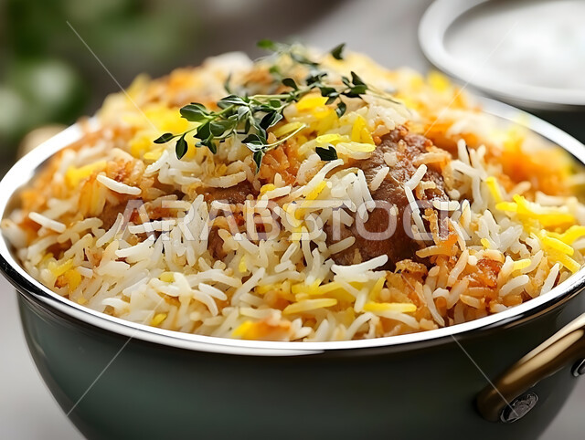 فنون تقديم الطعام في مطاعم المأكولات التقليدية الشرقية، طبق من أرز الكبسة اللذيذ مع قطع لحم الضأن المزين بالخضار، وصفات وأطباق طعام لذيذة صحية، أكلات شعبية عربية خليجية سعودية