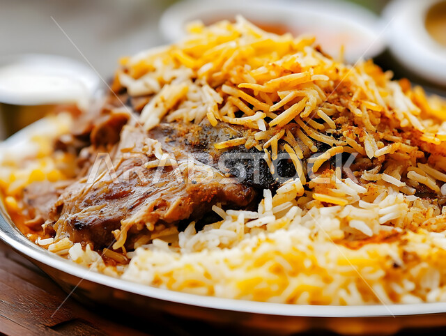 فنون تقديم الطعام في مطاعم المأكولات التقليدية الشرقية، طبق من أرز الكبسة اللذيذ مع قطع لحم الضأن المزين بالخضار، وصفات وأطباق طعام لذيذة صحية، أكلات شعبية عربية خليجية سعودية