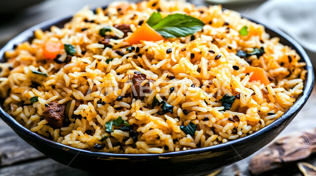 فنون تقديم الطعام في مطاعم المأكولات التقليدية الشرقية، طبق من أرز الكبسة اللذيذ مع قطع لحم الضأن المزين بالخضار، وصفات وأطباق طعام لذيذة صحية، أكلات شعبية عربية خليجية سعودية
