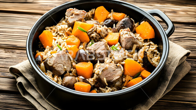 فنون تقديم الطعام في مطاعم المأكولات التقليدية الشرقية، طبق من أرز الكبسة اللذيذ مع قطع لحم الضأن المزين بالخضار، وصفات وأطباق طعام لذيذة صحية، أكلات شعبية عربية خليجية سعودية