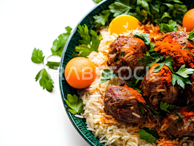 فنون تقديم الطعام في مطاعم المأكولات التقليدية الشرقية، طبق من أرز الكبسة اللذيذ مع قطع لحم الضأن المزين بالخضار، وصفات وأطباق طعام لذيذة صحية، أكلات شعبية عربية خليجية سعودية