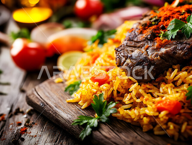 طبق من أرز الكبسة اللذيذ مع قطع لحم الضأن المزين بالخضار، فنون تقديم الطعام في مطاعم المأكولات التقليدية الشرقية، وصفات وأطباق طعام لذيذة صحية، أكلات شعبية عربية خليجية سعودية