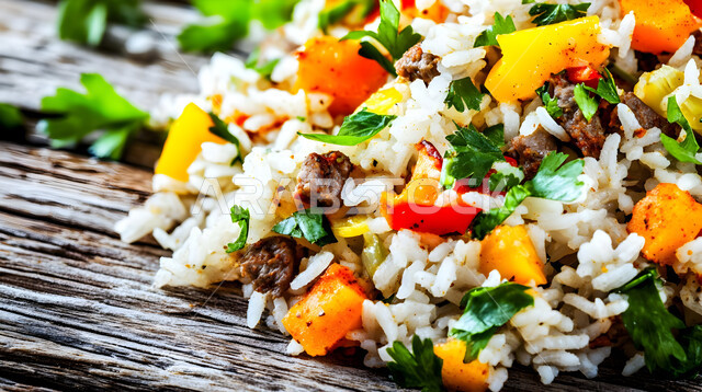 طبق من أرز الكبسة اللذيذ مع قطع لحم الضأن المزين بالخضار، فنون تقديم الطعام في مطاعم المأكولات التقليدية الشرقية، وصفات وأطباق طعام لذيذة صحية، أكلات شعبية عربية خليجية سعودية