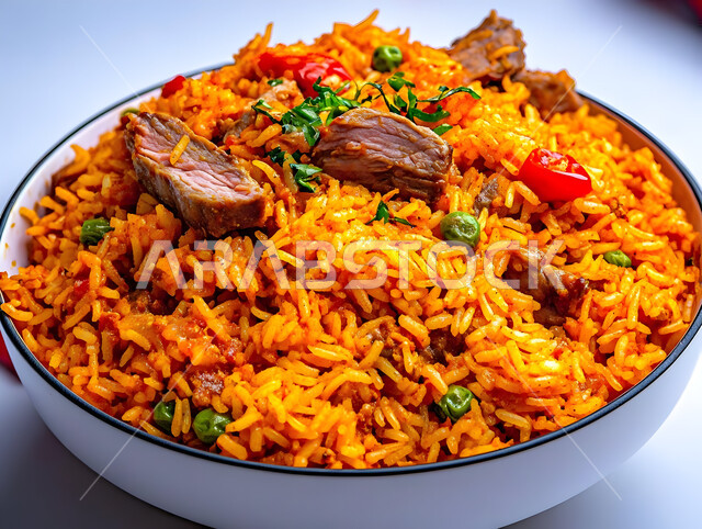 طبق من أرز الكبسة اللذيذ مع قطع لحم الضأن المزين بالخضار، فنون تقديم الطعام في مطاعم المأكولات التقليدية الشرقية، وصفات وأطباق طعام لذيذة صحية، أكلات شعبية عربية خليجية سعودية