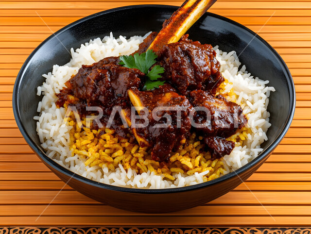 طبق من أرز الكبسة اللذيذ مع قطع لحم الضأن المزين بالخضار، فنون تقديم الطعام في مطاعم المأكولات التقليدية الشرقية، وصفات وأطباق طعام لذيذة صحية، أكلات شعبية عربية خليجية سعودية