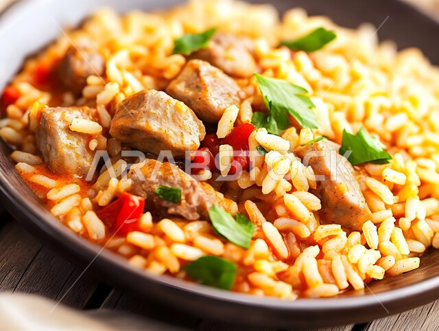 طبق من أرز الكبسة اللذيذ مع قطع لحم الضأن المزين بالخضار، فنون تقديم الطعام في مطاعم المأكولات التقليدية الشرقية، وصفات وأطباق طعام لذيذة صحية، أكلات شعبية عربية خليجية سعودية