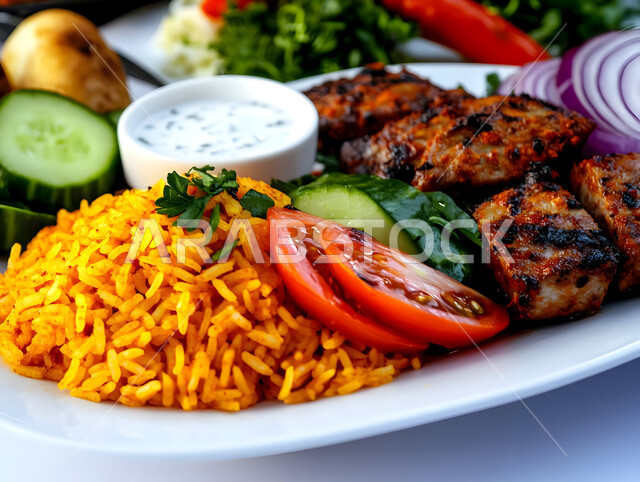 طبق من أرز الكبسة اللذيذ مع قطع لحم الضأن المزين بالخضار، فنون تقديم الطعام في مطاعم المأكولات التقليدية الشرقية، وصفات وأطباق طعام لذيذة صحية، أكلات شعبية عربية خليجية سعودية