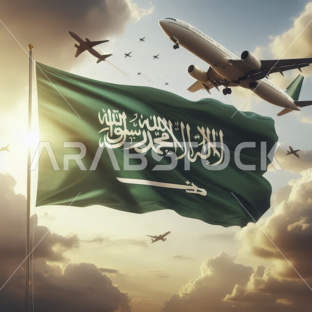 راية التوحيد والإسلام، احتفالات ومناسبات وطنية ، ذكرى اليوم الوطني 23 سبتمبر ،الاحتفال بيوم العلم 11 مارس بالطائرات، مفهوم حب الوطن والانتماء اليه، الاخلاص والولاء للبلاد، خلفية السماء المليئة بالغيوم