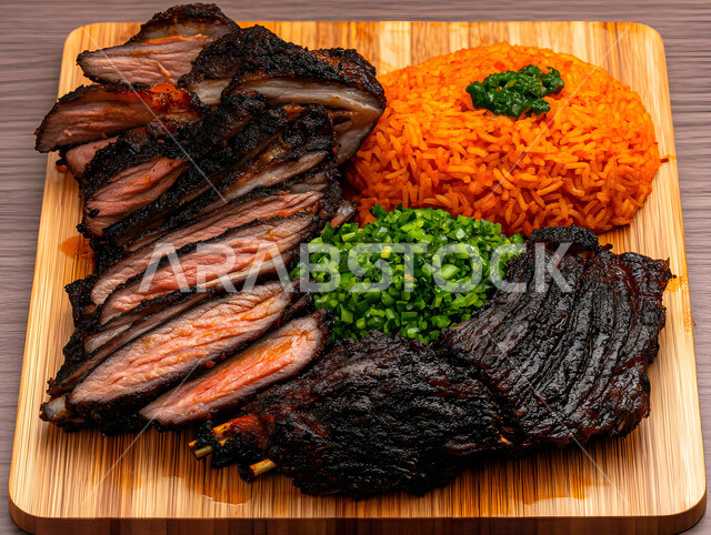 وجبات المطبخ السعودي, أصالة وفن الطهي الخليجي الشهير, المأكولات العربية التقليدية الشعبية، طبق من أرز المندي مع قطع اللحم والدجاج المشوي والخضار، وصفات طعام صحية شهية لذيذة