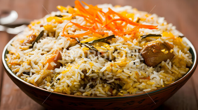 وجبات المطبخ السعودي, أصالة وفن الطهي الخليجي الشهير, المأكولات العربية التقليدية الشعبية، طبق من أرز المندي مع قطع اللحم والدجاج المشوي والخضار، وصفات طعام صحية شهية لذيذة