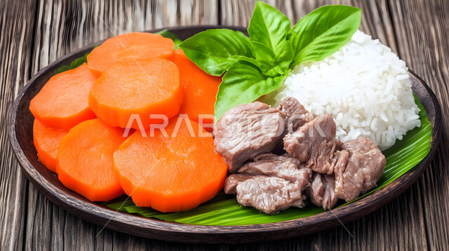 وجبات المطبخ السعودي, أصالة وفن الطهي الخليجي الشهير, المأكولات العربية التقليدية الشعبية، طبق من أرز المندي مع قطع اللحم والدجاج المشوي والخضار، وصفات طعام صحية شهية لذيذة