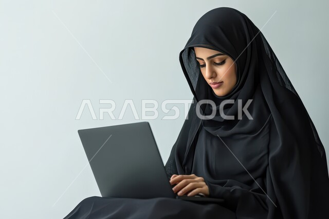 The concept of managing and organizing business affairs through modern devices, integrating work with technology and technology, a close-up image from the side of a veiled Saudi Arabian Gulf woman wearing a black abaya working on a laptop on her foot, office women's professions and jobs, white background