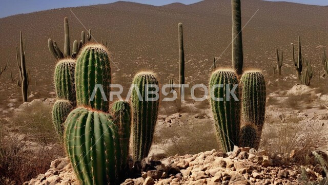 النباتات والمزروعات البرية في المحميات الطبيعية, مجموعة من نبات الصبار الشوكي في المناطق الصحراوية, نمو الشوكيات والأعشاب في براري المملكة العربية السعودية