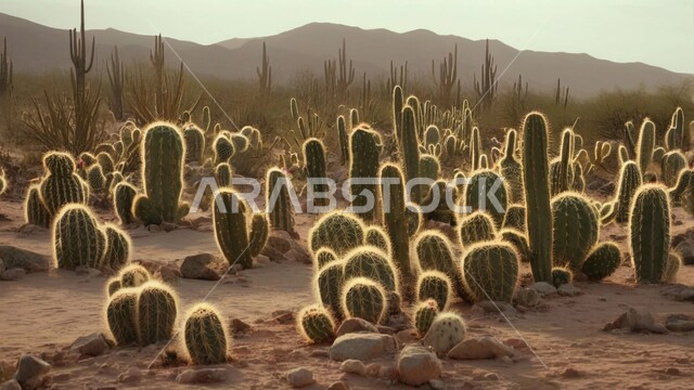 مجموعة من نبات الصبار الشوكي في المناطق الصحراوية, النباتات والمزروعات البرية في المحميات الطبيعية, نمو الشوكيات والأعشاب في براري المملكة العربية السعودية,  سلسلة الجبال والتكوينات والتشكلات الصخرية