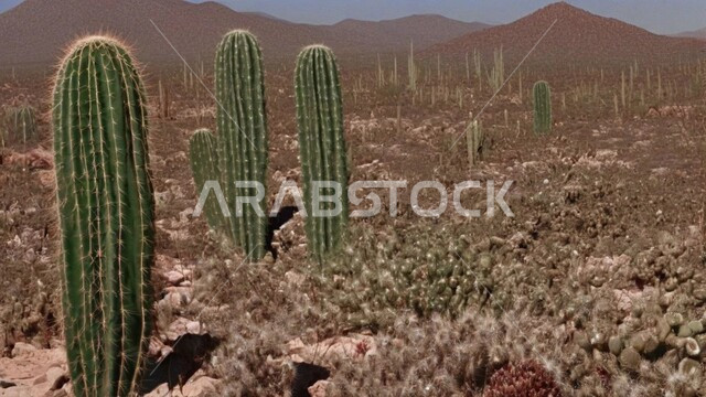 النباتات والمزروعات البرية في المحميات الطبيعية, مجموعة من نبات الصبار الشوكي في المناطق الصحراوية, نمو الشوكيات والأعشاب في براري المملكة العربية السعودية