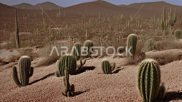 مجموعة من نبات الصبار الشوكي في المناطق الصحراوية, النباتات والمزروعات البرية في المحميات الطبيعية, نمو الشوكيات والأعشاب في براري المملكة العربية السعودية,  سلسلة الجبال والتكوينات والتشكلات الصخرية