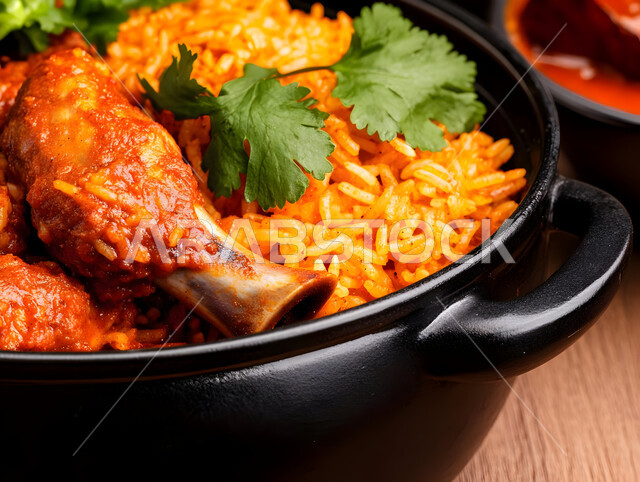 ولائم وأطباق عربية تقليدية شعبية، طبق من أرز الكبسة مع قطع اللحم البقري، وصفات المأكولات والوجبات الشرقية الشهية، مطابخ ومطاعم المملكة العربية السعودية، صحن من البرياني الشهير، مهارة إعداد وصفة المندي الخليجي المشهورة بالتوابل الغنية بالنكهات