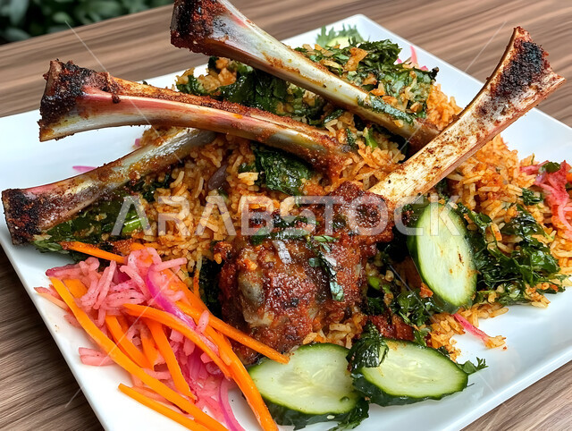 ولائم وأطباق عربية تقليدية شعبية، طبق من أرز الكبسة مع قطع اللحم البقري، وصفات المأكولات والوجبات الشرقية الشهية، مطابخ ومطاعم المملكة العربية السعودية، صحن من البرياني الشهير، مهارة إعداد وصفة المندي الخليجي المشهورة بالتوابل الغنية بالنكهات