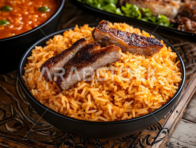 ولائم وأطباق عربية تقليدية شعبية، طبق من أرز الكبسة مع قطع اللحم البقري، وصفات المأكولات والوجبات الشرقية الشهية، مطابخ ومطاعم المملكة العربية السعودية، صحن من البرياني الشهير، مهارة إعداد وصفة المندي الخليجي المشهورة بالتوابل الغنية بالنكهات