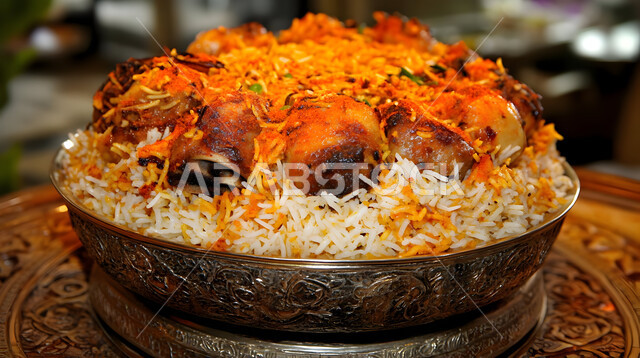 Traditional Arabic banquets and popular dishes, a plate of Kabsa rice with pieces of beef, recipes for delicious oriental foods and meals, kitchens and restaurants of the Kingdom of Saudi Arabia, a plate of the famous biryani, the skill of preparing the famous Gulf Mandi recipe with spices rich in flavours