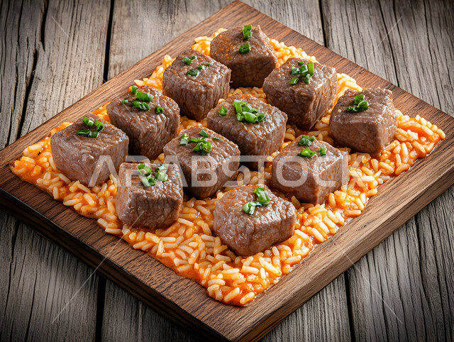 طبق من أرز الكبسة مع قطع اللحم البقري، ولائم وأطباق عربية تقليدية شعبية، وصفات المأكولات والوجبات الشرقية الشهية، مطابخ ومطاعم المملكة العربية السعودية، صحن من البرياني الشهير، مهارة إعداد وصفة المندي الخليجي المشهورة بالتوابل الغنية بالنكهات