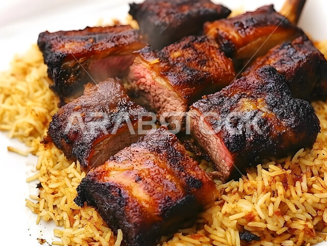 طبق من أرز الكبسة مع قطع اللحم البقري، ولائم وأطباق عربية تقليدية شعبية، وصفات المأكولات والوجبات الشرقية الشهية، مطابخ ومطاعم المملكة العربية السعودية، صحن من البرياني الشهير، مهارة إعداد وصفة المندي الخليجي المشهورة بالتوابل الغنية بالنكهات