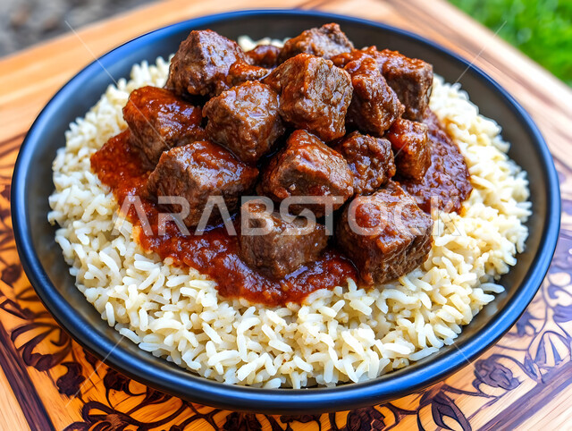 A plate of Kabsa rice with pieces of beef, traditional popular Arab banquets and dishes, recipes for delicious oriental foods and meals, kitchens and restaurants of the Kingdom of Saudi Arabia, a plate of the famous biryani, the skill of preparing the famous Gulf Mandi recipe with spices rich in flavors