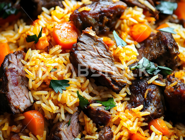 طبق المجبوس التقليدي الشعبي، وصفات الطعام الشهية، صحن من الأرز بالزعفران مع قطع اللحم المطهي، فنون تقديم الطعام في المطاعم الشرقية، مأكولات وأطباق عربية تقليدية اساسية في الأعياد السعودية