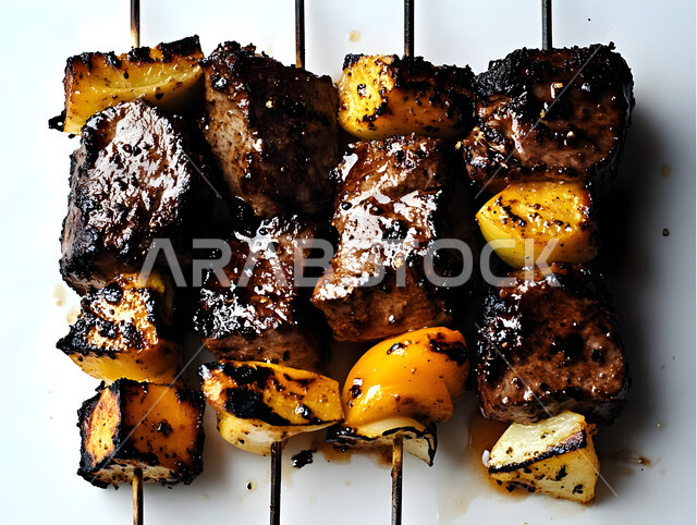 A plate of grilled kebab skewers with fresh vegetables, barbecue restaurants in Saudi Arabia, popular hot fast food, delicious traditional healthy meals, white background