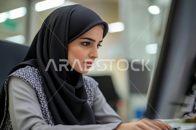 مهن ووظائف مكتبية نسائية، إدارة وتنظيم الأعمال ضمن مقر الشركة, بيئة العمل المريحة في شركات المملكة، استخدام الوسائل التقنية الحديثة والمتطورة لإنجاز المهام, صورة مقربة لامرأة عربية خليجية سعودية محجبة تعمل على الحاسب المحمول