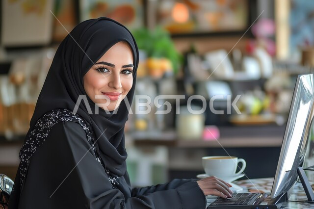  مهن ووظائف نسائية مكتبية، مفهوم إدارة شؤون الأعمال وتنظيمها عبر الاجهزة الحديثة، صورة مقربة من الجانب لامرأة عربية خليجية سعودية محجبة ترتدي العباءة السوداء تنظر الى الكاميرا بإيماءات الفرح والسرور تقوم بالعمل على الحاسوب المحمول بجانبها فنجان القهوة