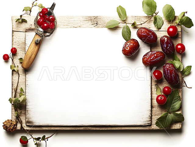 لوح خشبي ريفي مزين بالكرز والتمر، أنواع التمور الفاخرة في المملكة العربية السعودية, ثمار ومحاصيل زراعية محلية وطنية، وجبة ذات قيمة غذائية عالية