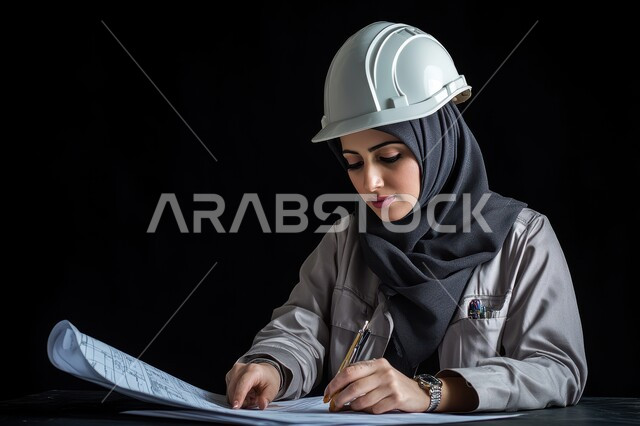 تقدم وتطور السعودية على يد أبناء الوطن, صورة لمهندسة عربية خليجية محجبة ترتدي خوذة الحماية تمسك مخطط الإعمار, الهندسة والانشاءات المعمارية, الاهتمام بشؤون العمل, تدقيق مخطط الإنشاء, خلفية سوداء