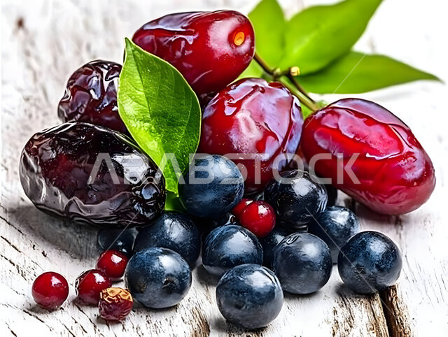 لوح خشبي ريفي مزين بالتوت البري والتمر، أنواع التمور الفاخرة في المملكة العربية السعودية, ثمار ومحاصيل زراعية محلية وطنية، وجبة ذات قيمة غذائية عالية