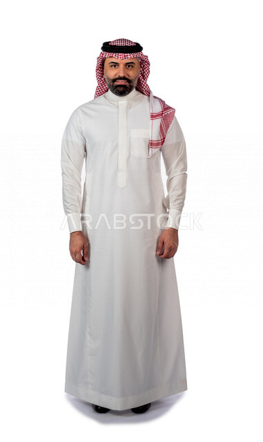 Portrait of a smiling Saudi Arabian Gulf man doing a photo session looking at the camera with different facial and hand gestures, white background of a Saudi Muslim man in traditional Saudi costume with shemagh and agal, full length portrait, full body