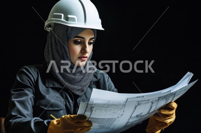 تقدم وتطور السعودية على يد أبناء الوطن, صورة لمهندسة عربية خليجية محجبة ترتدي خوذة الحماية تمسك مخطط الإعمار, الهندسة والانشاءات المعمارية, الاهتمام بشؤون العمل, تدقيق مخطط الإنشاء, خلفية سوداء