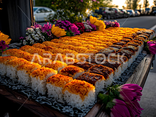 ولائم وأطباق عربية تقليدية شعبية، وصفات المأكولات والوجبات الشرقية الشهية، مطابخ ومطاعم المملكة العربية السعودية، صينية من ارز البرياني، مهارة إعداد وصفة المندي الخليجي المشهورة بالتوابل الغنية بالنكهات