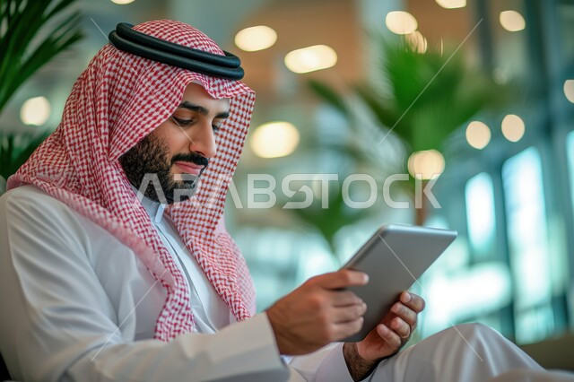 إجراء مقابلات عمل أونلاين, استخدام الأجهزة والتقنيات الحديثة لتسهيل الأعمال, رجل أعمال عربي سعودي خليجي يرتدي الشماغ والثوب التقليدي يجلس في مكتبه ويستخدم جهاز التابلت, مهن ووظائف سعودية مكتبية