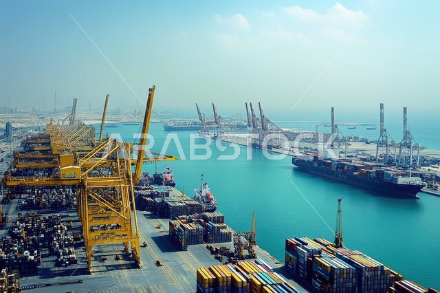 Busy cargo port with commercial goods and containers, export and import of goods in Saudi Arabia, maritime economy for transporting and receiving storage containers, trade of goods and local products via ships in the seas