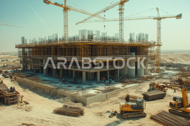 مفهوم تحسين البنية التحتية للبلاد، التطور المعماري والحضاري في المملكة العربية السعودية، تشييد المباني والمشاريع الضخمة، أعمال البناء والمقاولات والتطوير العقاري، إنشاء الأساسات والهياكل للمشروعات السكنية والمصانع، استخدام الرافعات والمعدات الثقيلة